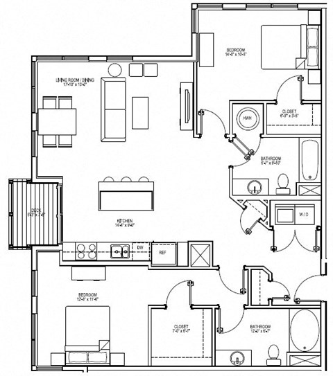 Floor plan for 2 beds, 2 baths, 1299 sqft